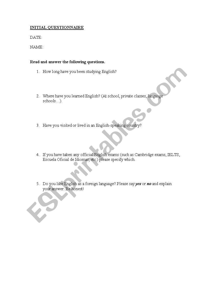 INITIAL QUESTIONNAIRE worksheet