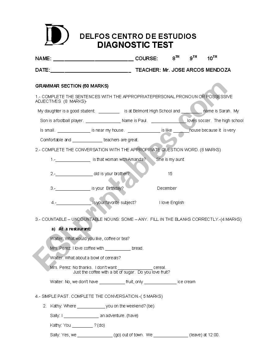 exam worksheet