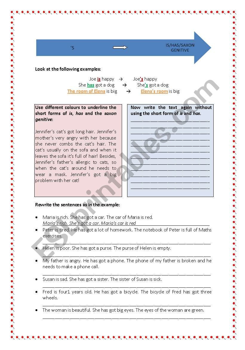 S = IS/HAS/ SAXON GENITIVE worksheet