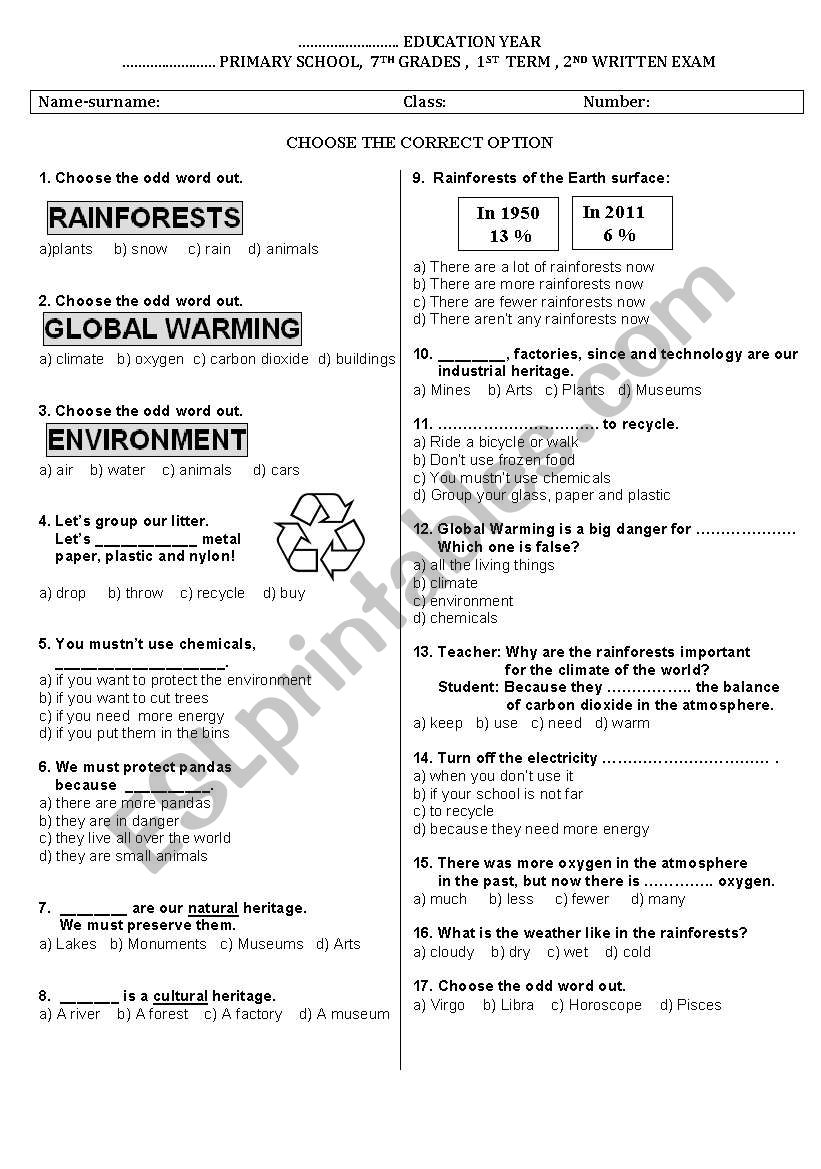 exam for 7th grades worksheet