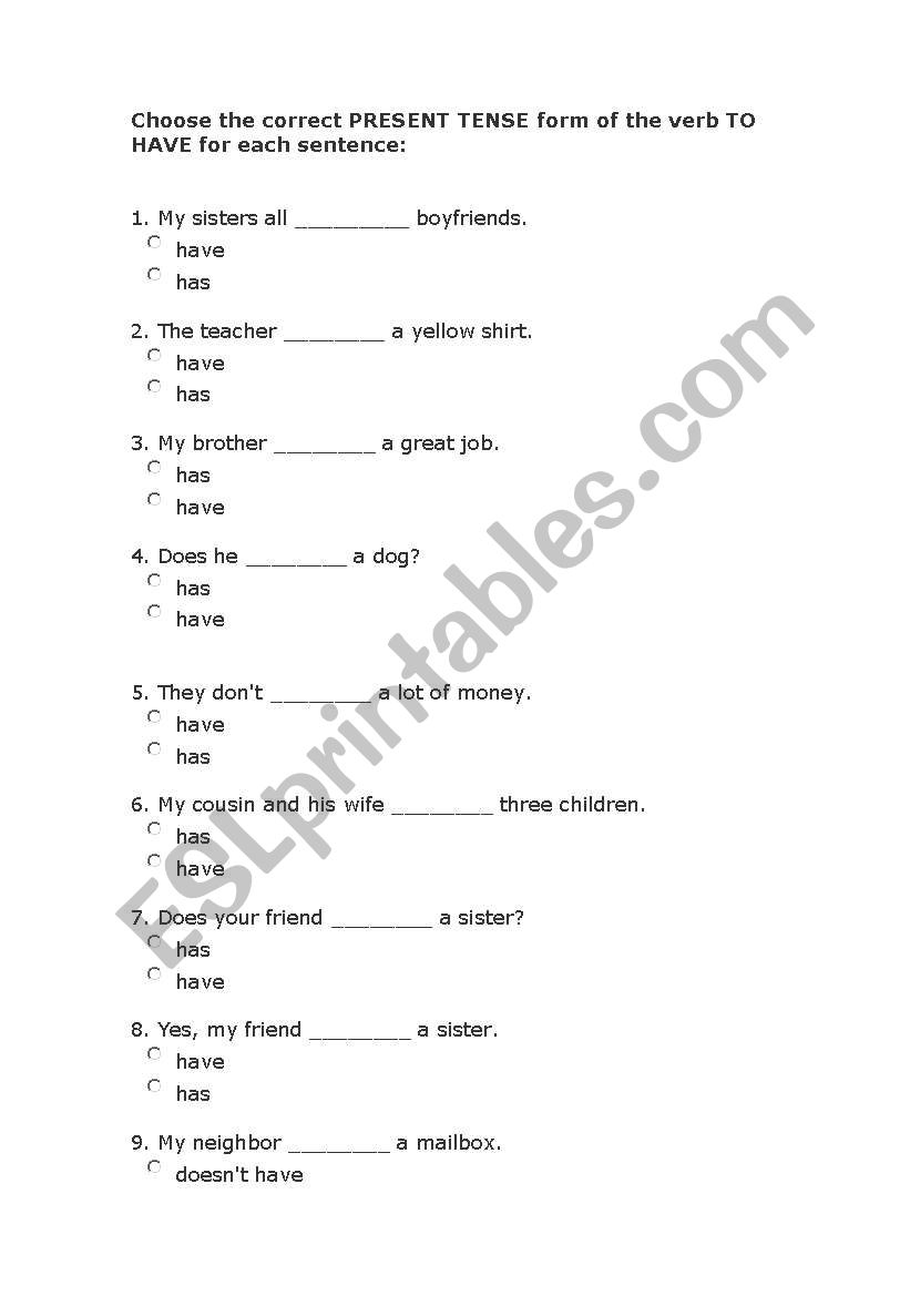To Have worksheet