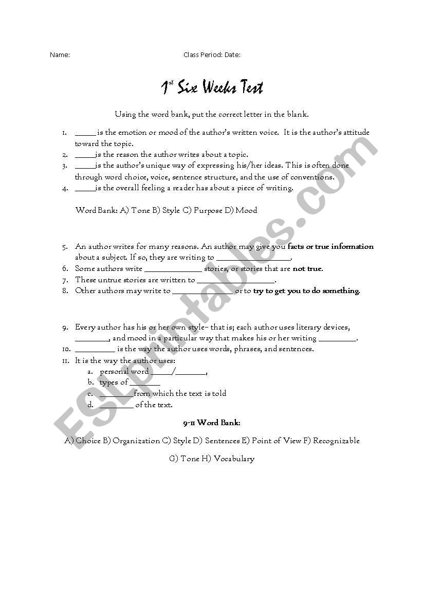 1st Six Weeks Test worksheet