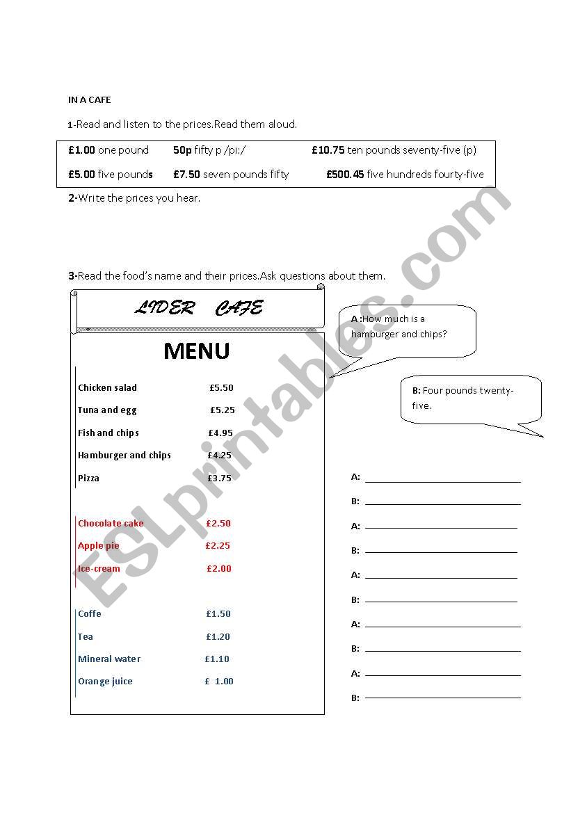 Food and prices worksheet