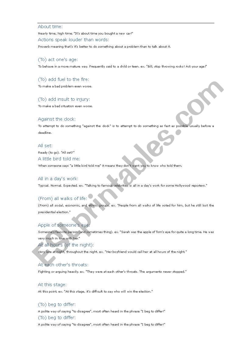 American idioms worksheet