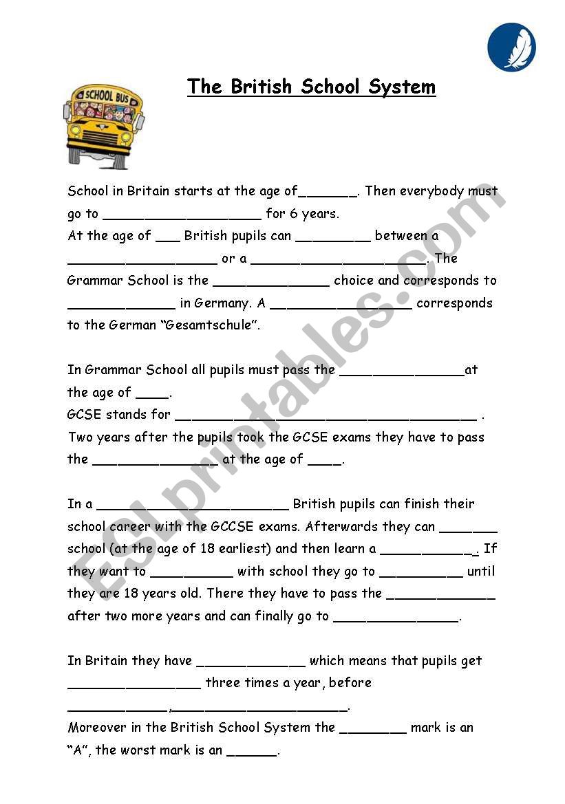 the British School System worksheet