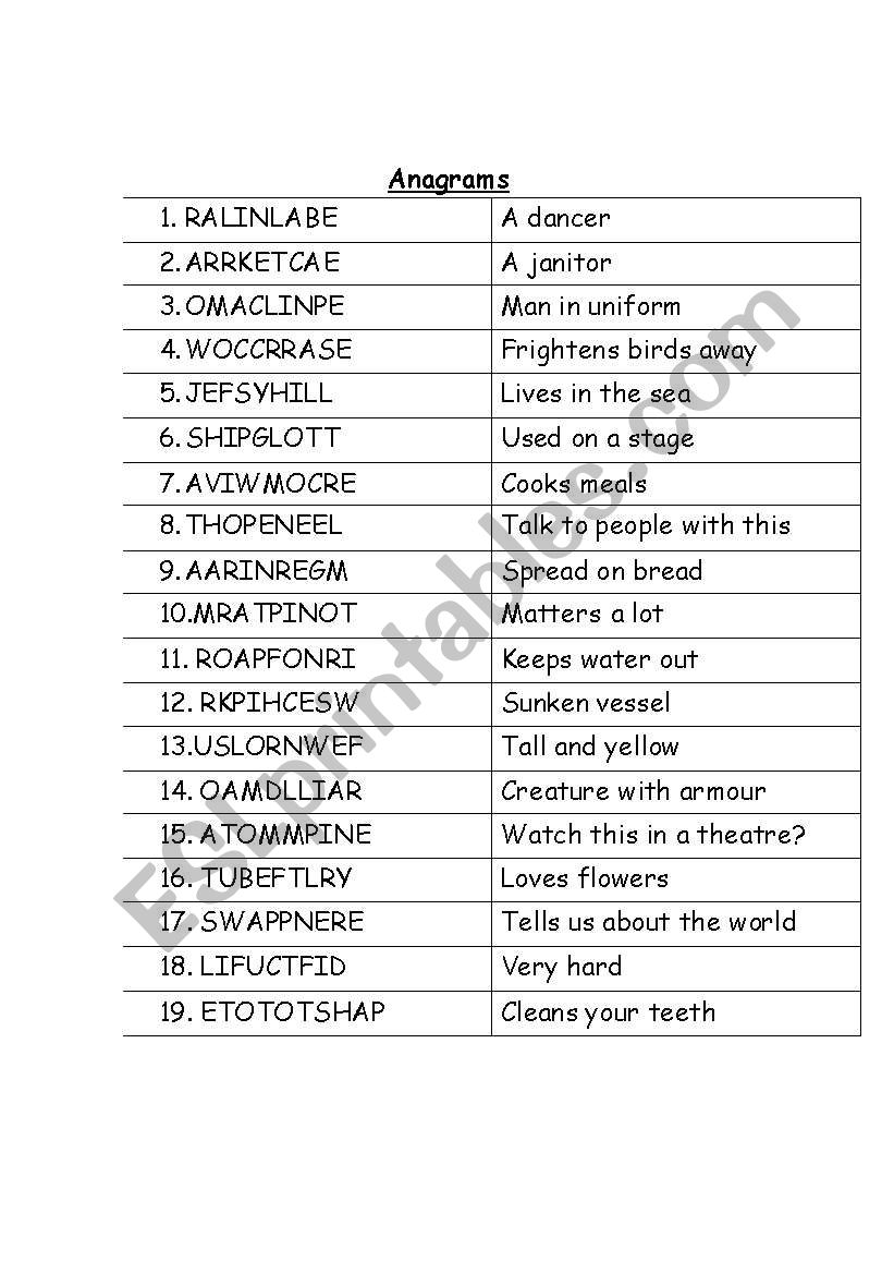 Anagrams (with clues) worksheet
