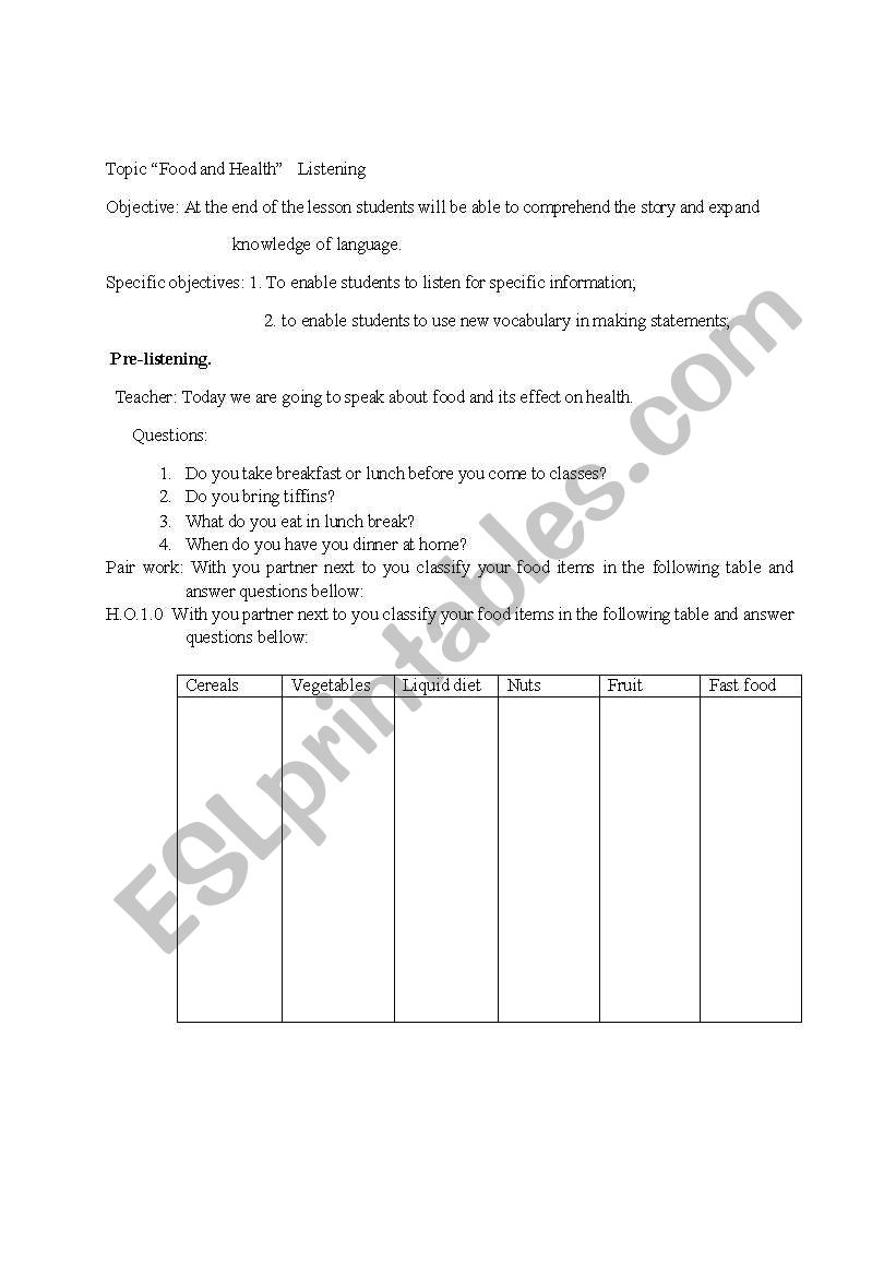 Food and health worksheet