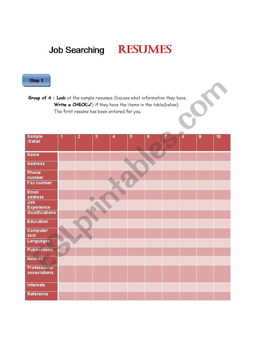 Resume Writing worksheet