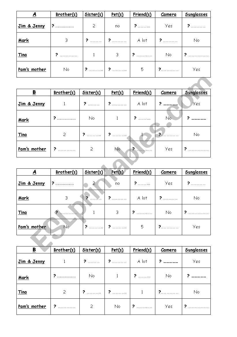 pairwork have got worksheet