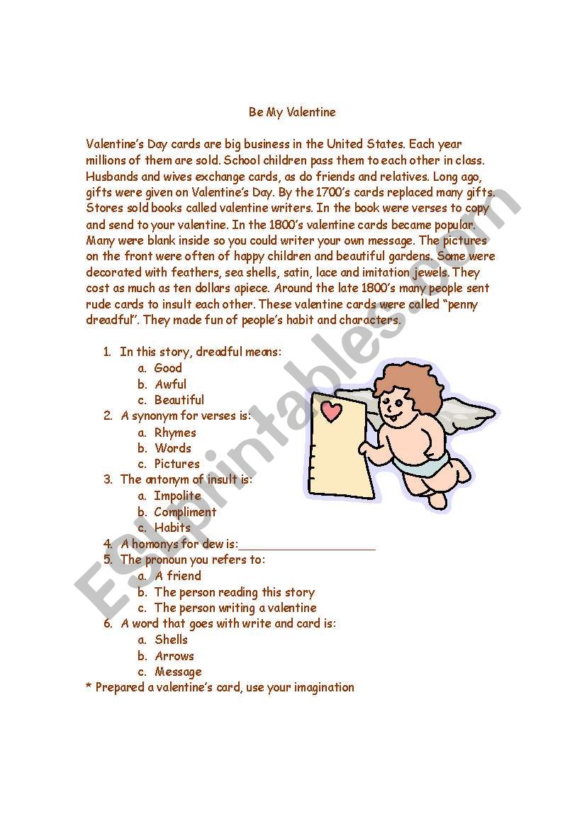 Story Be my Valentine worksheet