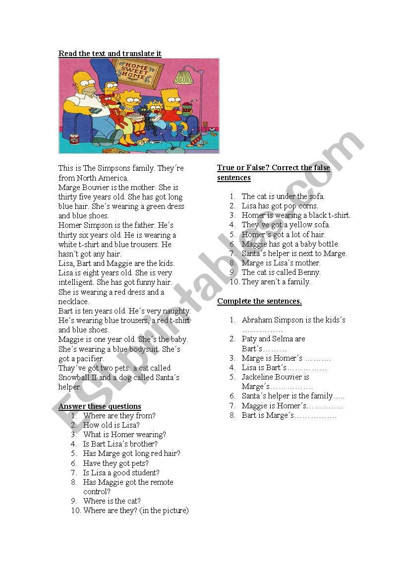 Simpsons Activities worksheet
