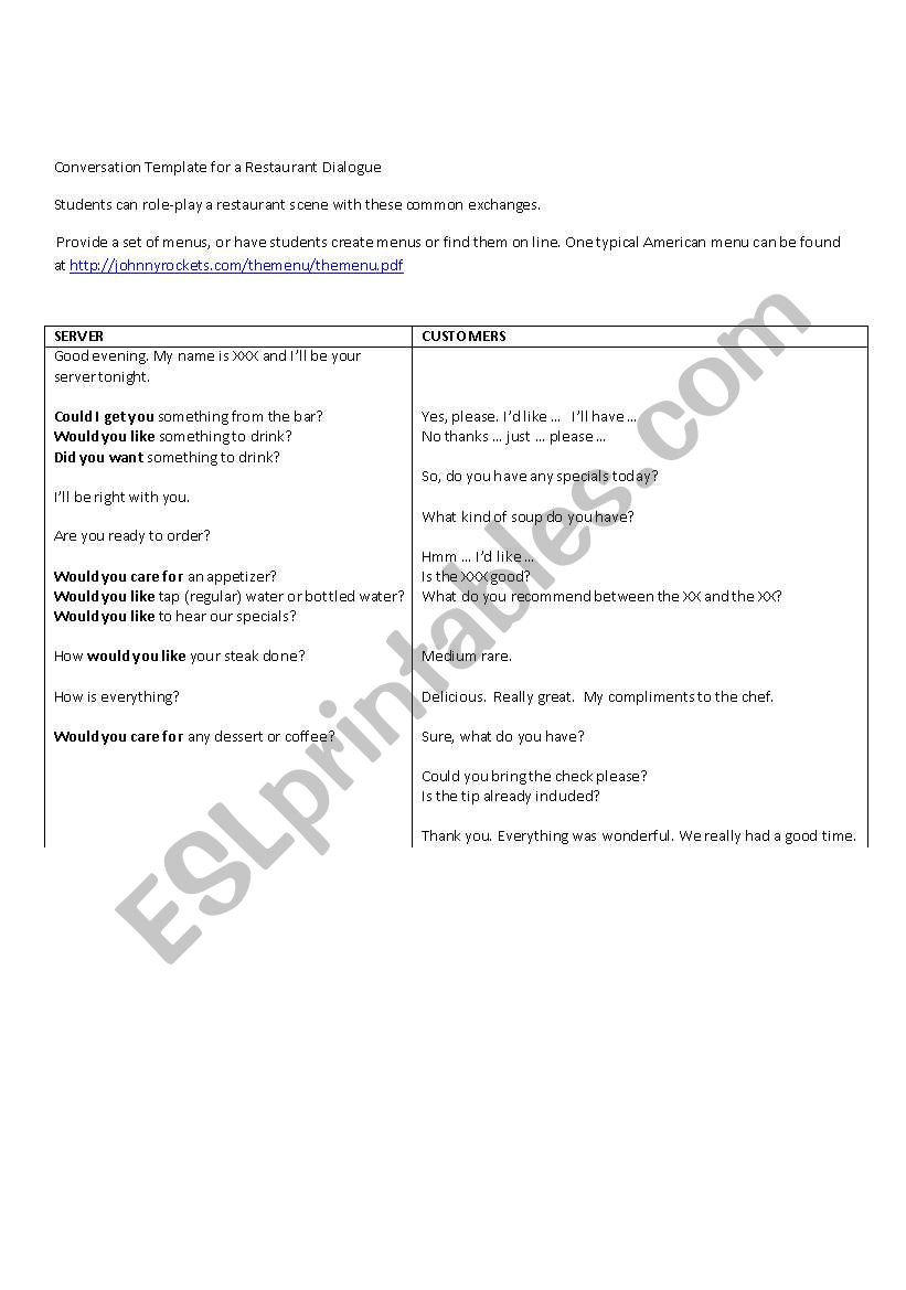 Restaurant Roleplay Language worksheet