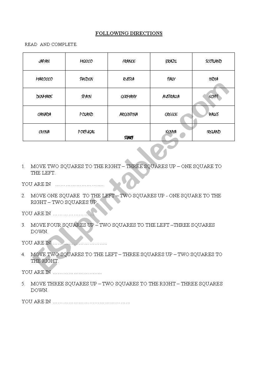 following directions worksheet