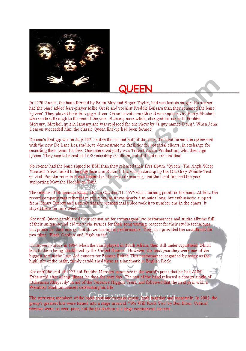 A reading passage (rock group QUEEN)