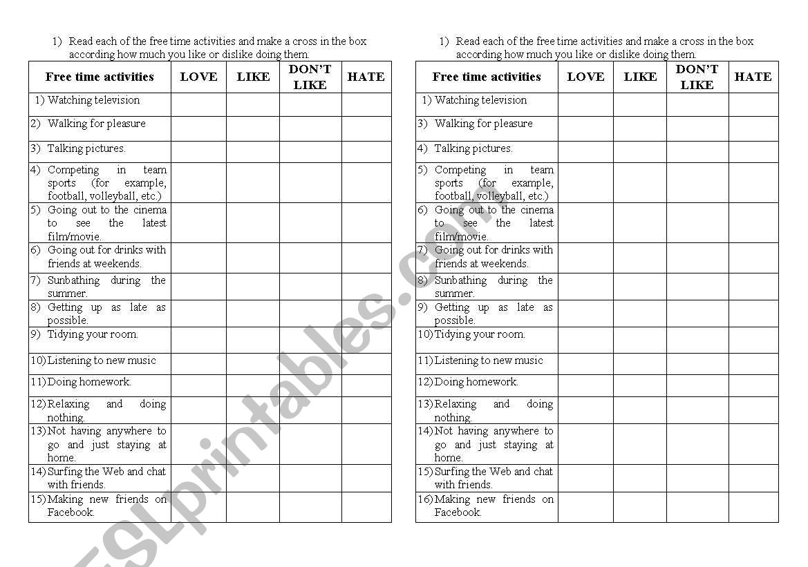 SURVEY LIKES AND DISLIKES worksheet