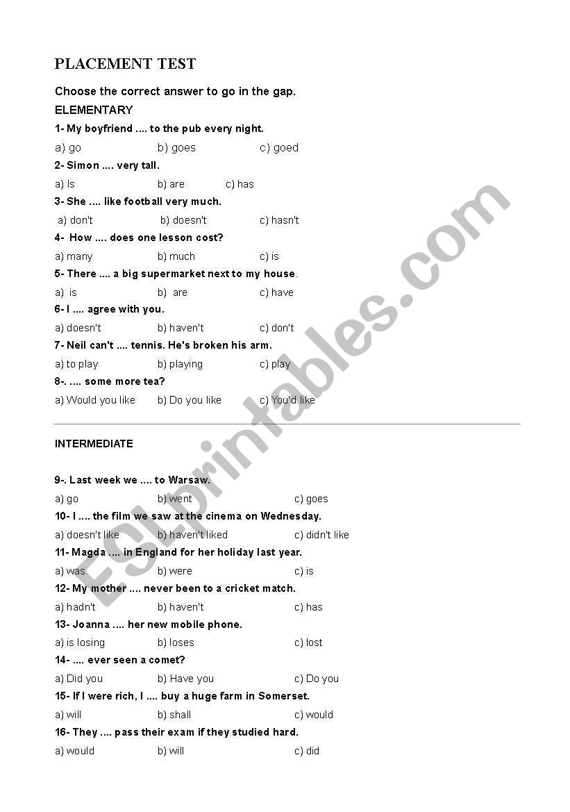 PLACEMENT TEST worksheet