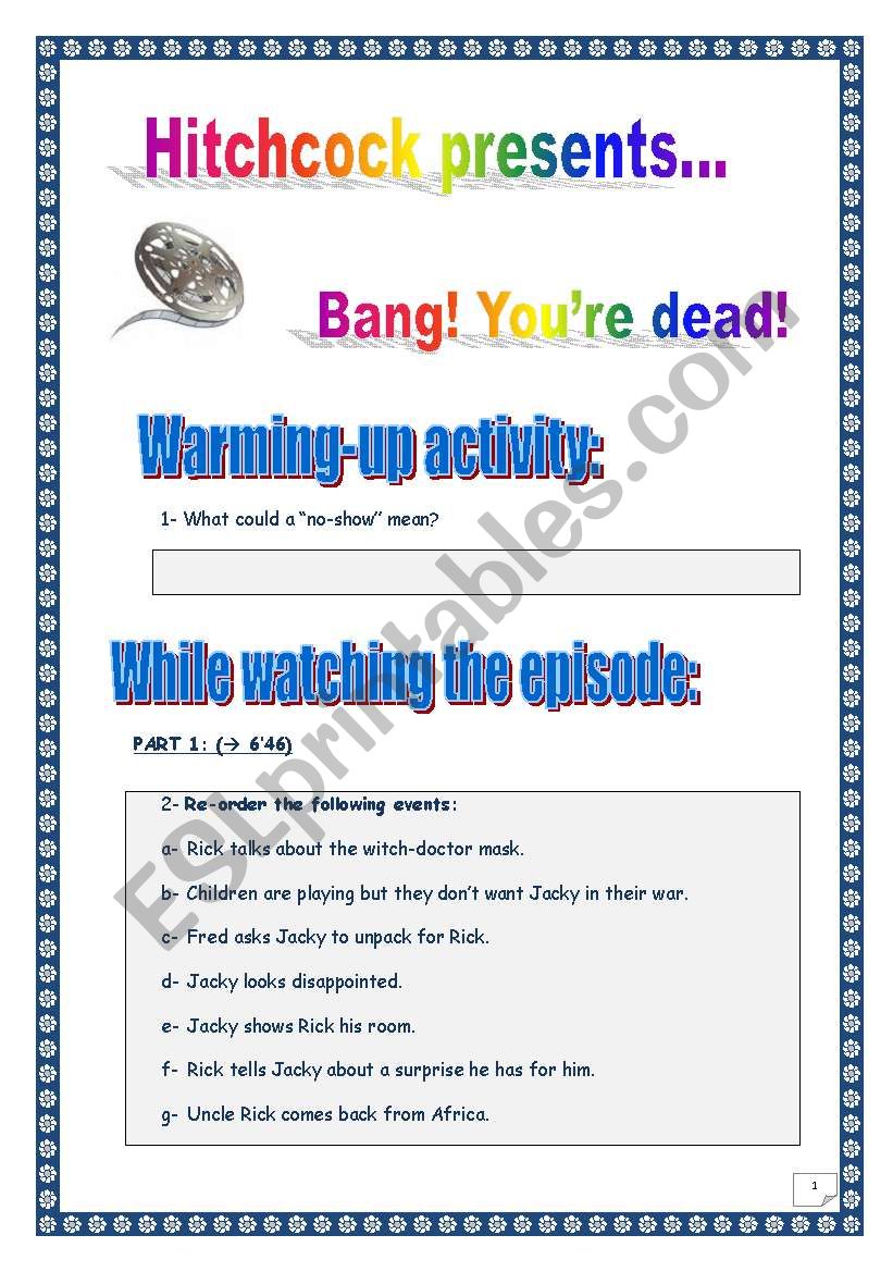 MOVIE TIME: Bang! Youre dead! (gun violence) (by Hitchcock) - Comprehensive PROJECT - 14 TASKS - 4 Pages - Comprehensive Answer KEY.