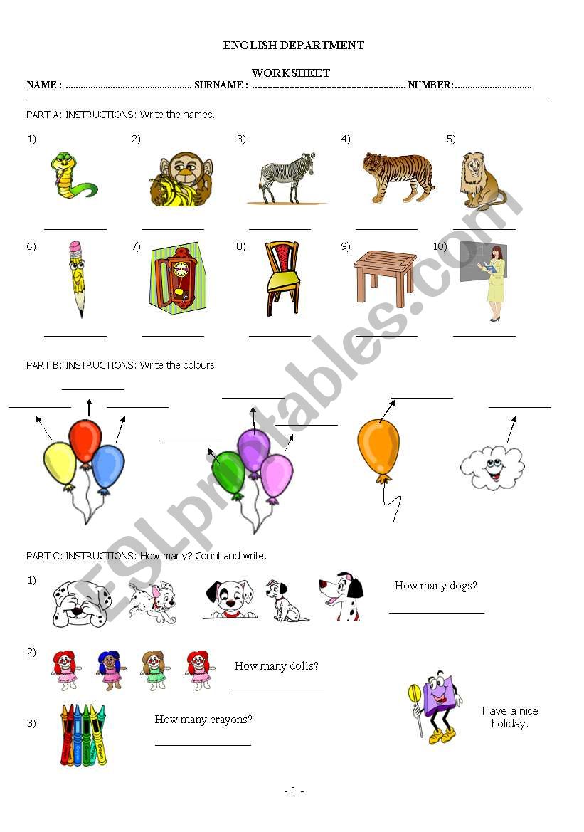 Animals, classroom objects and how many in class worksheet