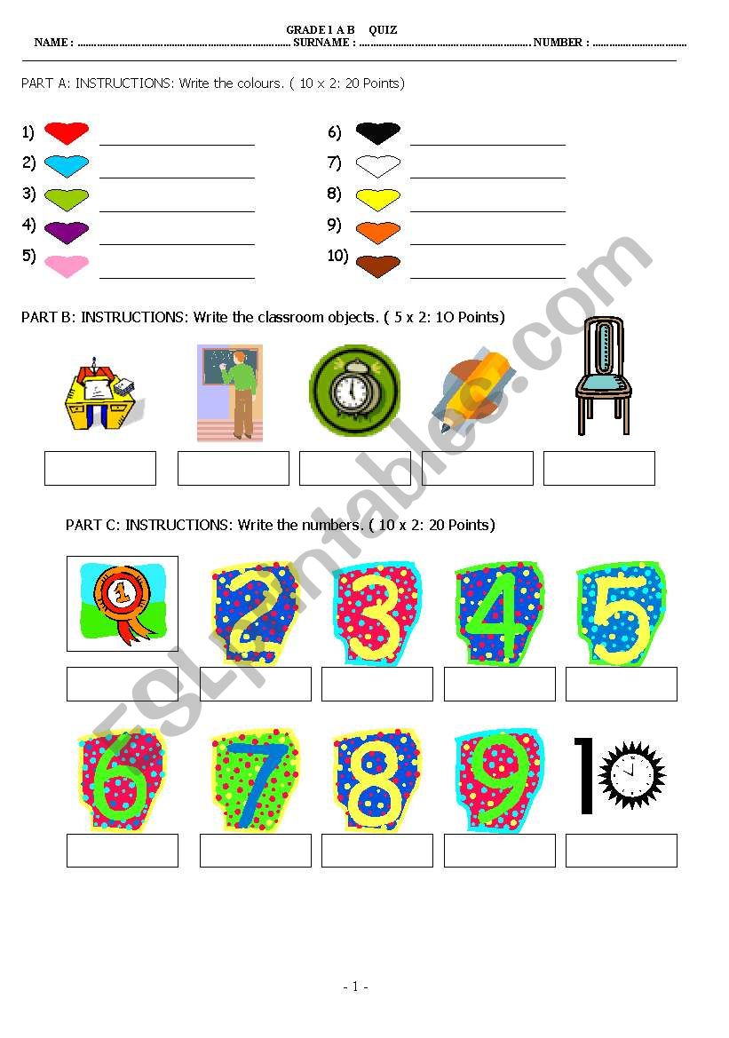 Colours, classroom objects and numbers quiz. 