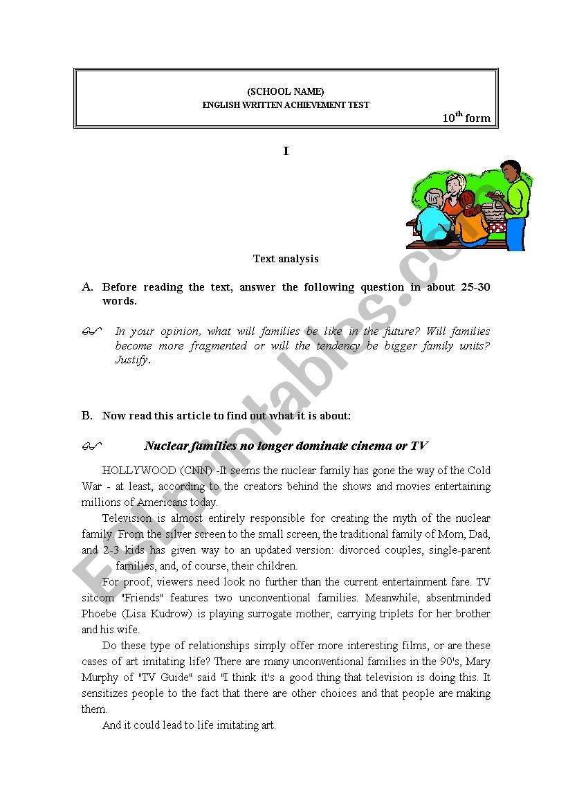 Test 10th grade students worksheet