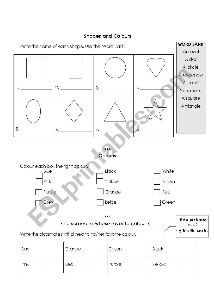 English Worksheets Shapes And Colors