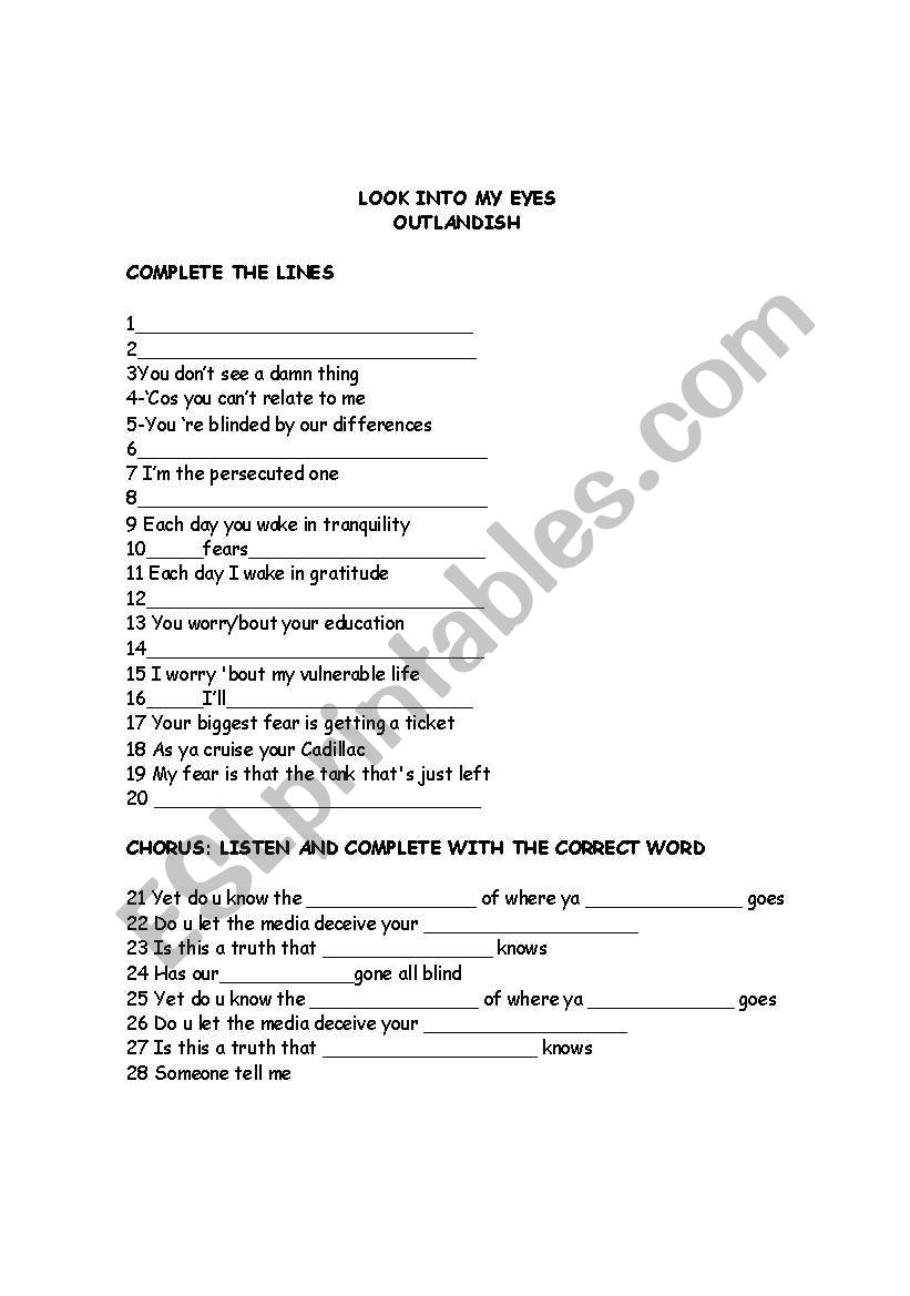 Look into my eyes Outlandish worksheet