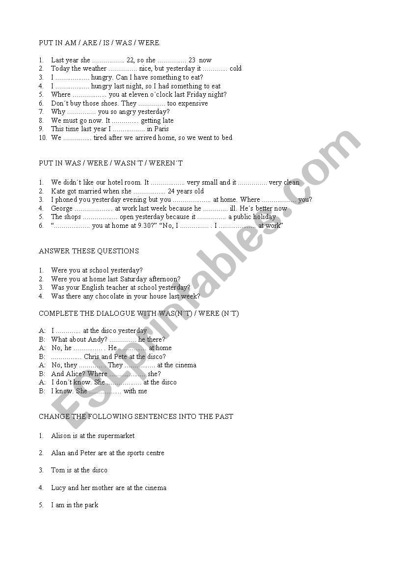 PAST OF BE worksheet