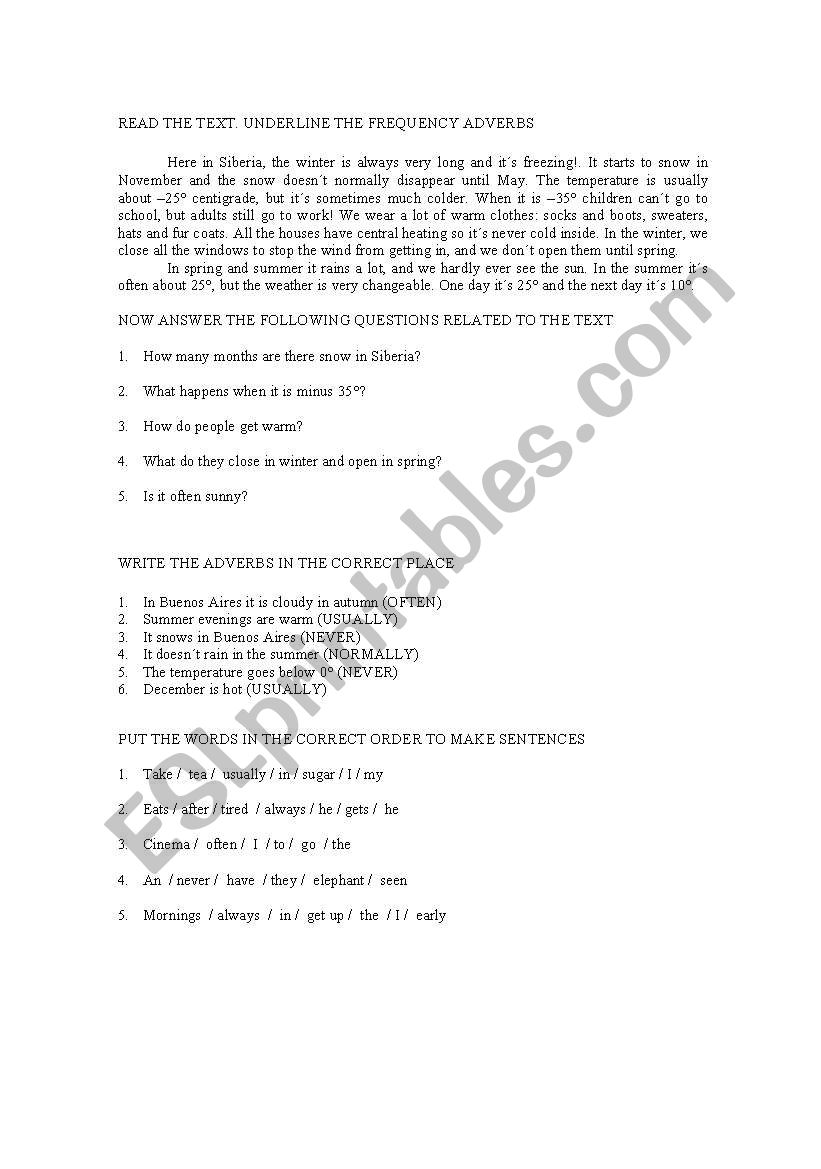 FREQUENCY ADVERBS worksheet