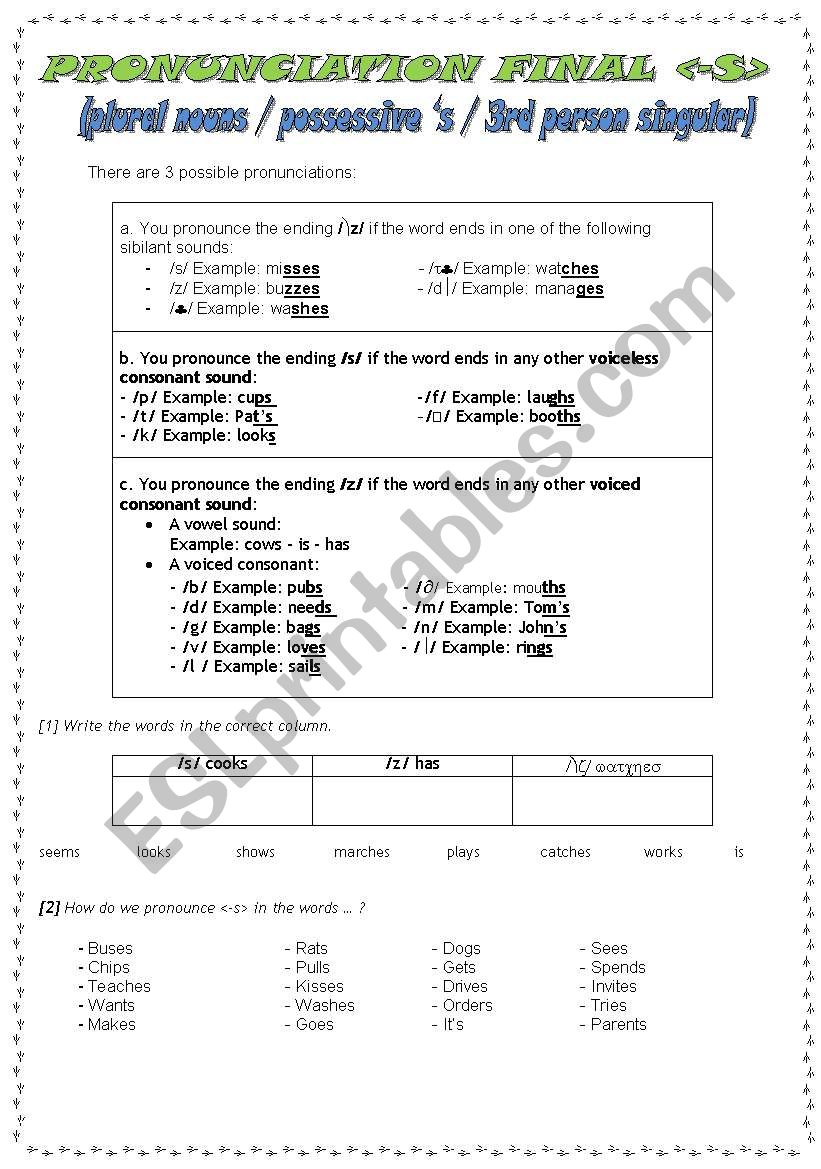 PHONETICS - FINAL S - SONG worksheet