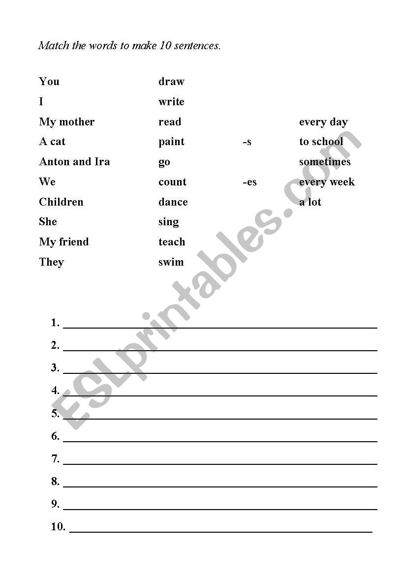Present Simple activity - match the words in order to make 10 sentences