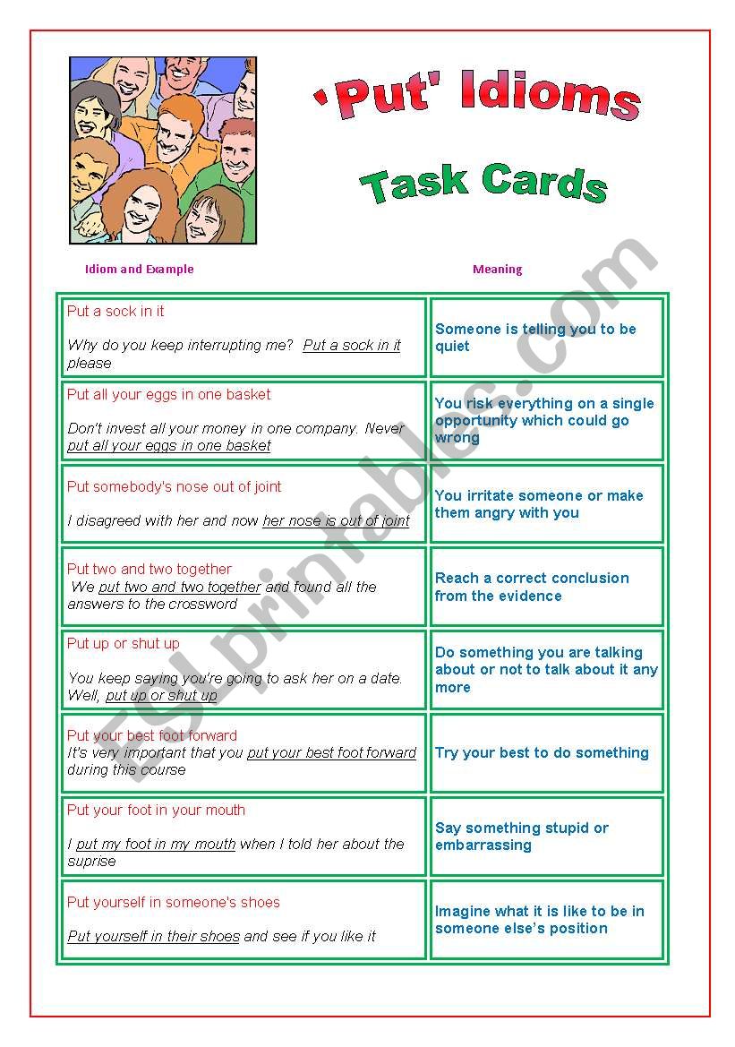 Put Idioms : Task Cards worksheet