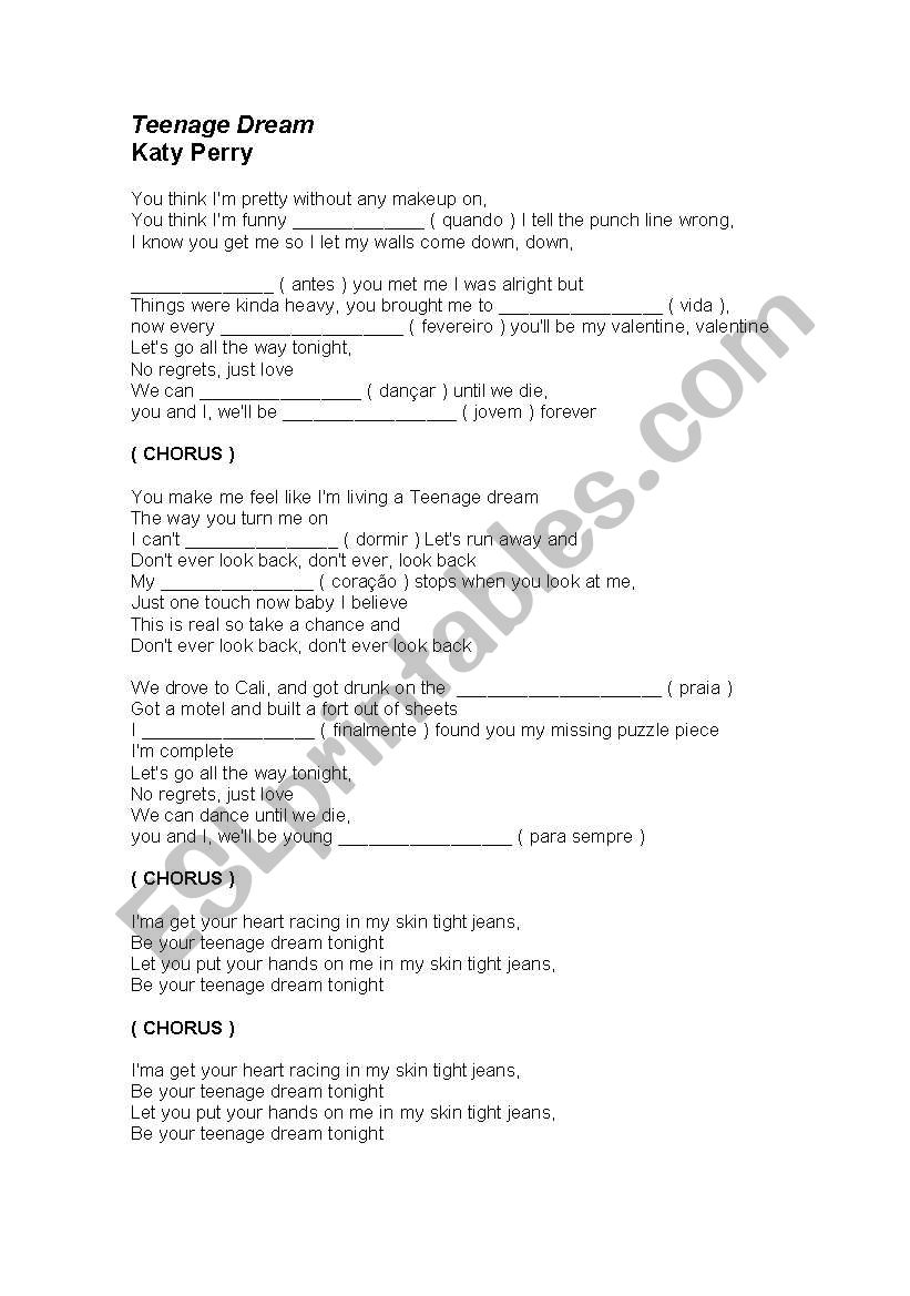 Teenage dream worksheet