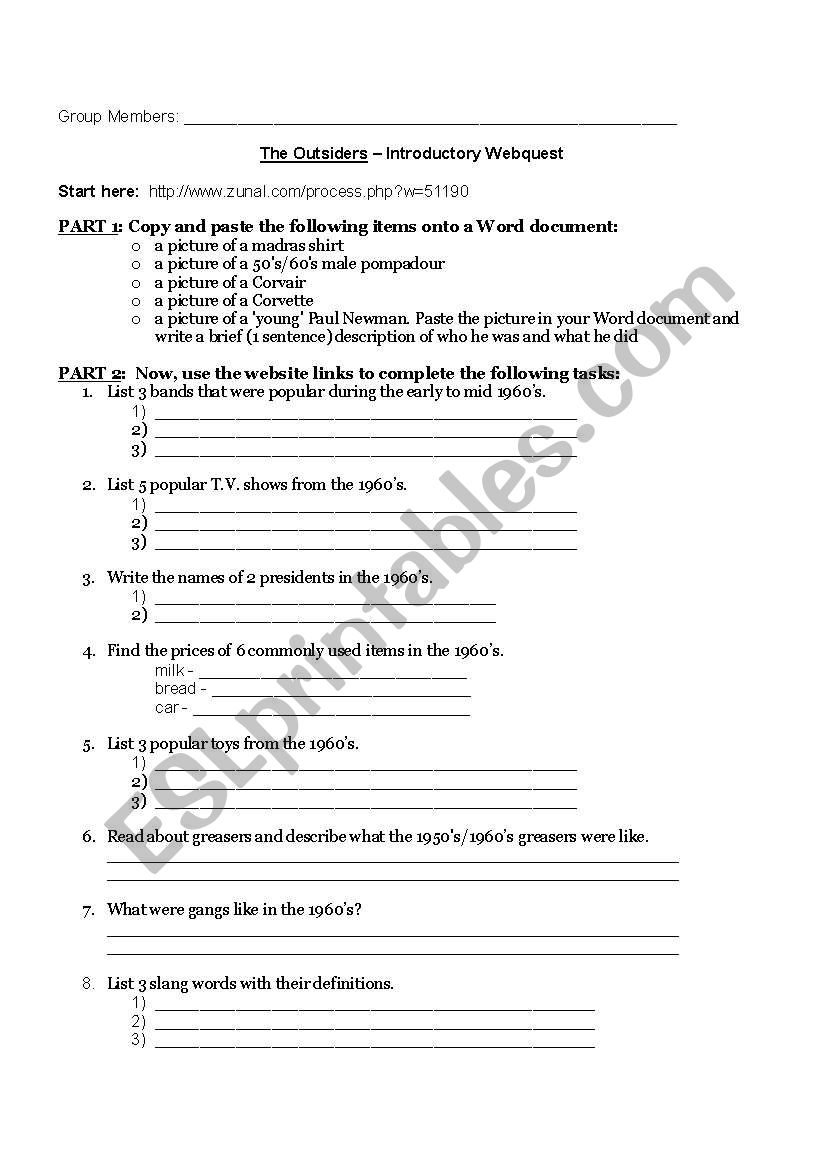 Outsiders webquest worksheet