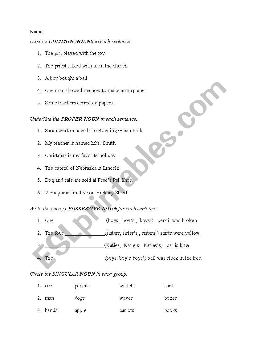 Nouns worksheet