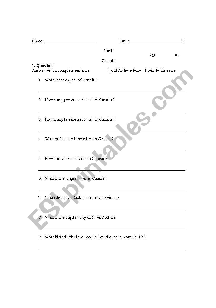 Canada Test worksheet