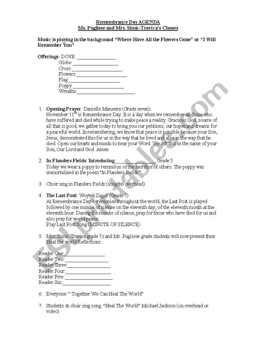 Remembrance Day Assembly worksheet