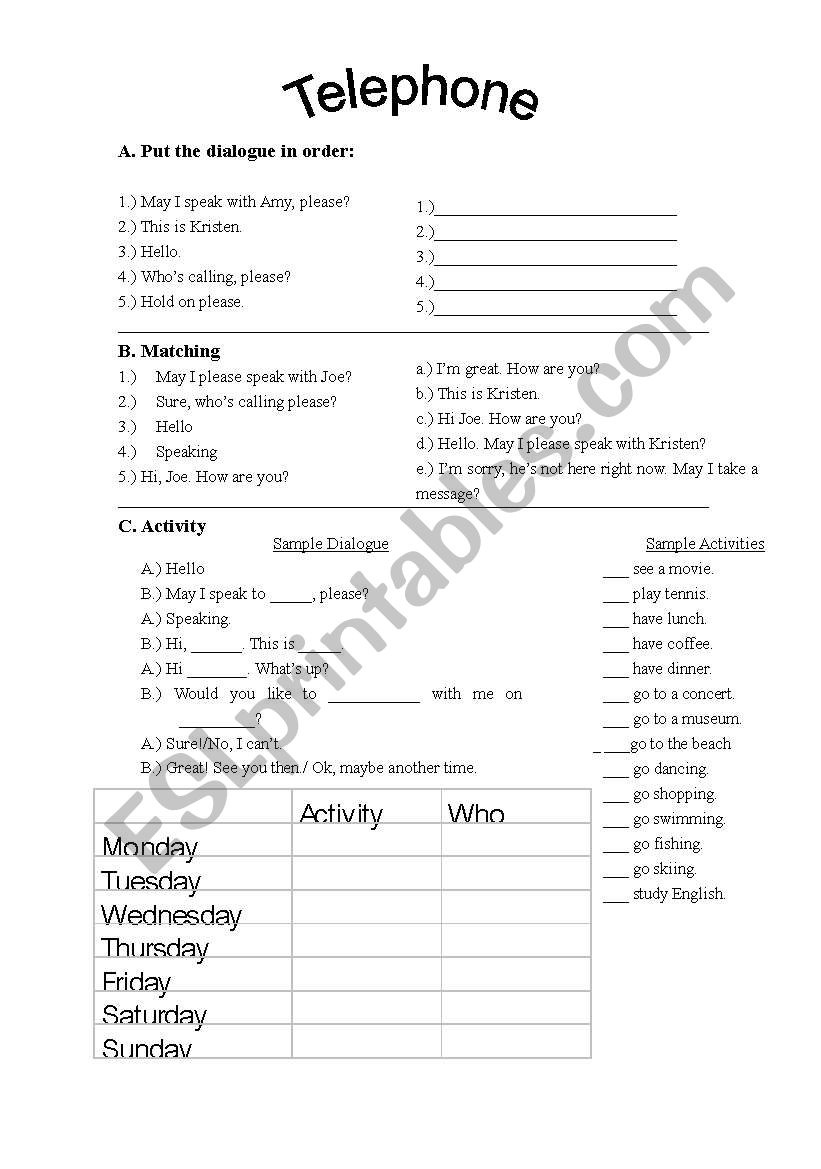 Practice Telephone Vocab worksheet