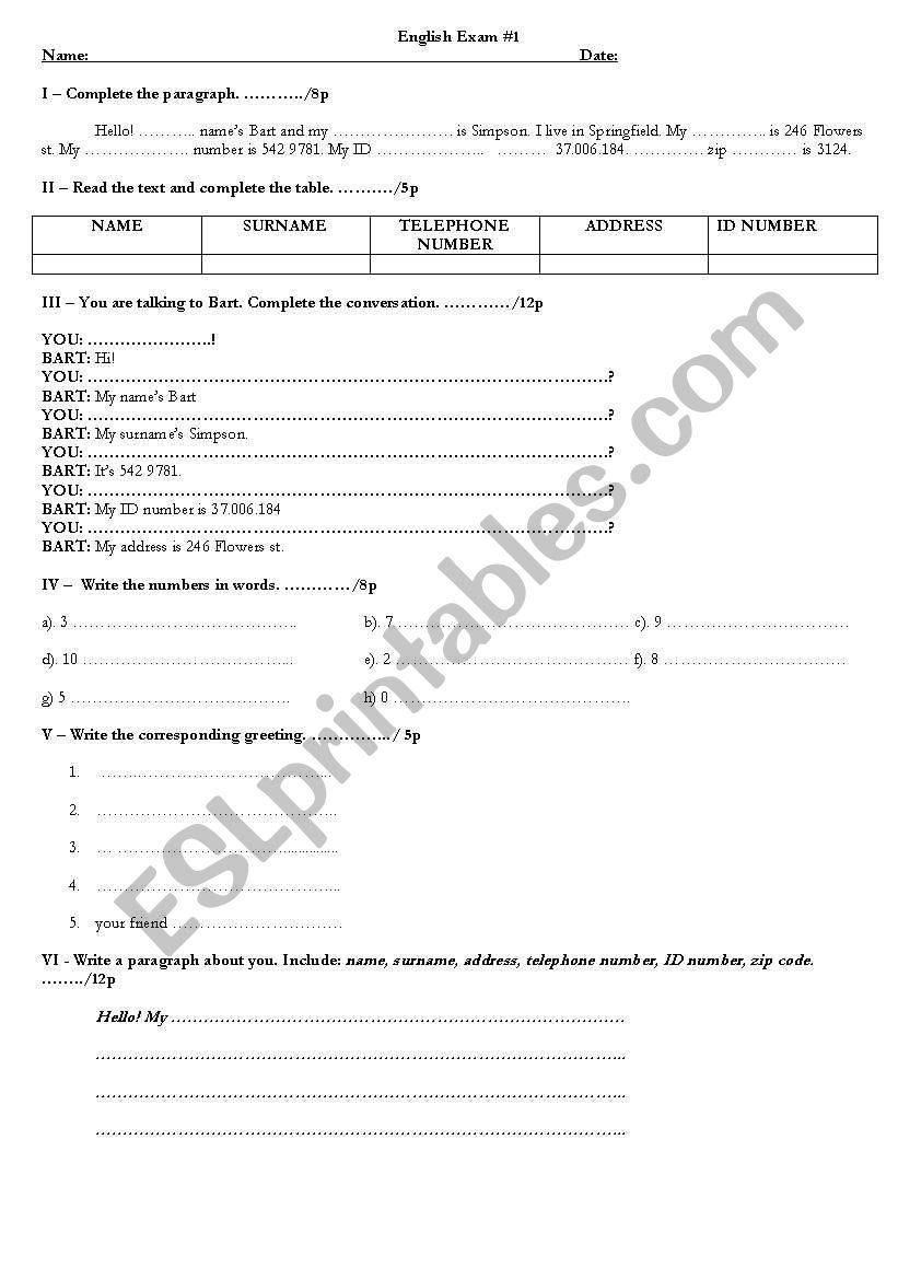 Test personal information and numberes