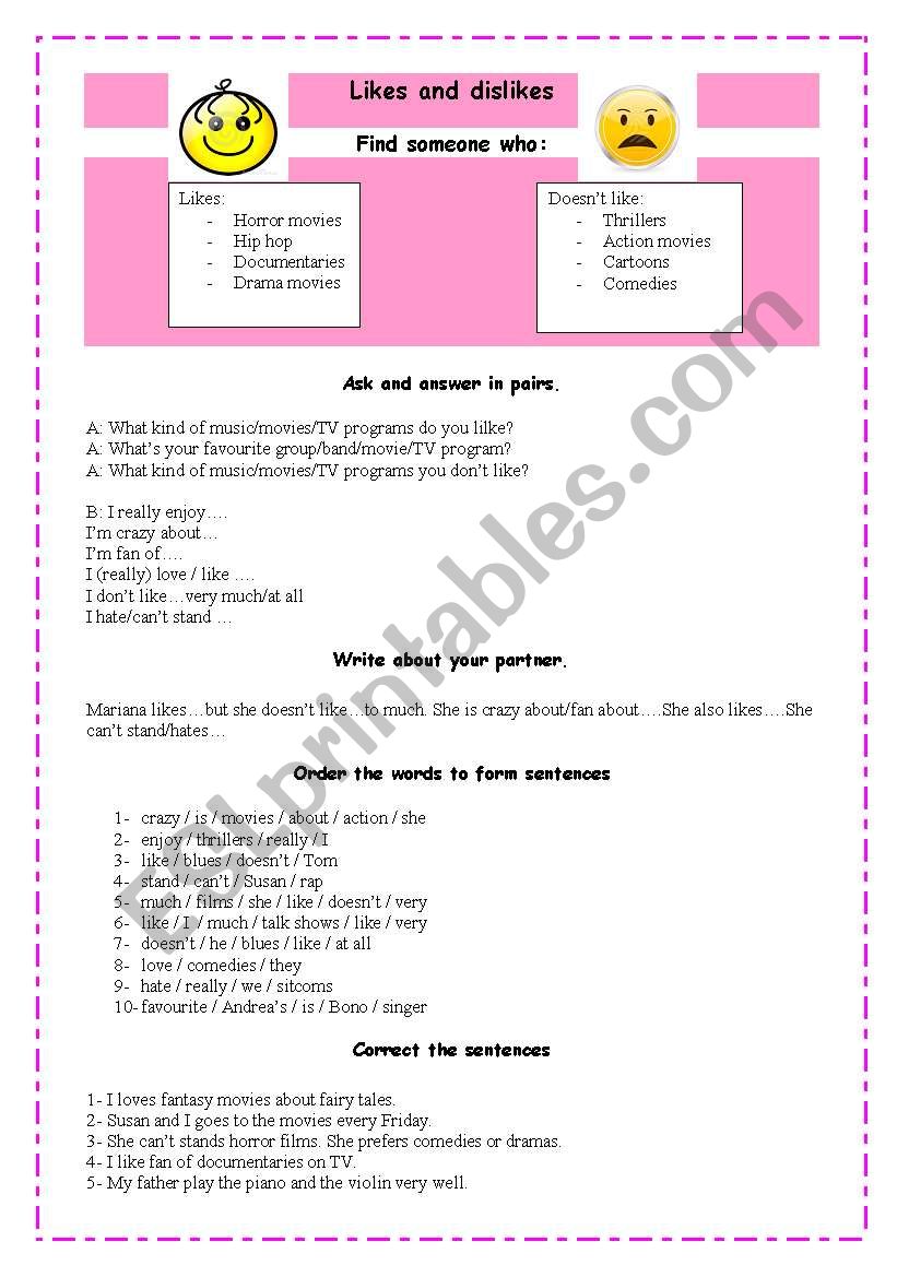 Likes and dislikes worksheet