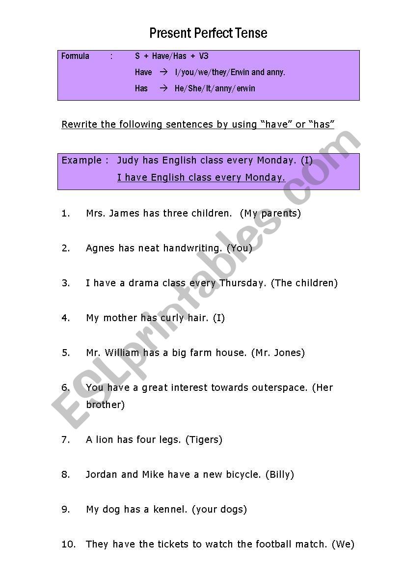 Present perfect tense worksheet