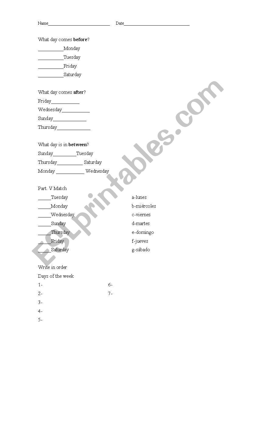 Days and moths worksheet