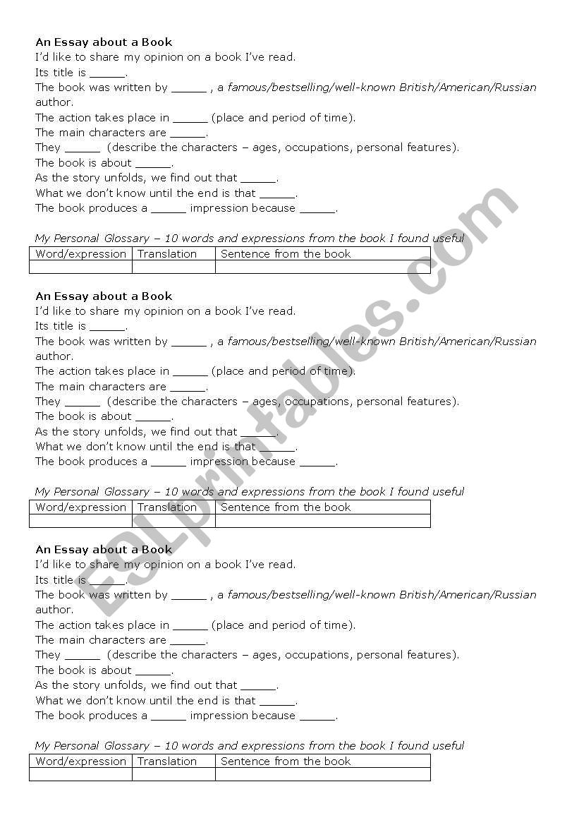 Essay on a Book worksheet