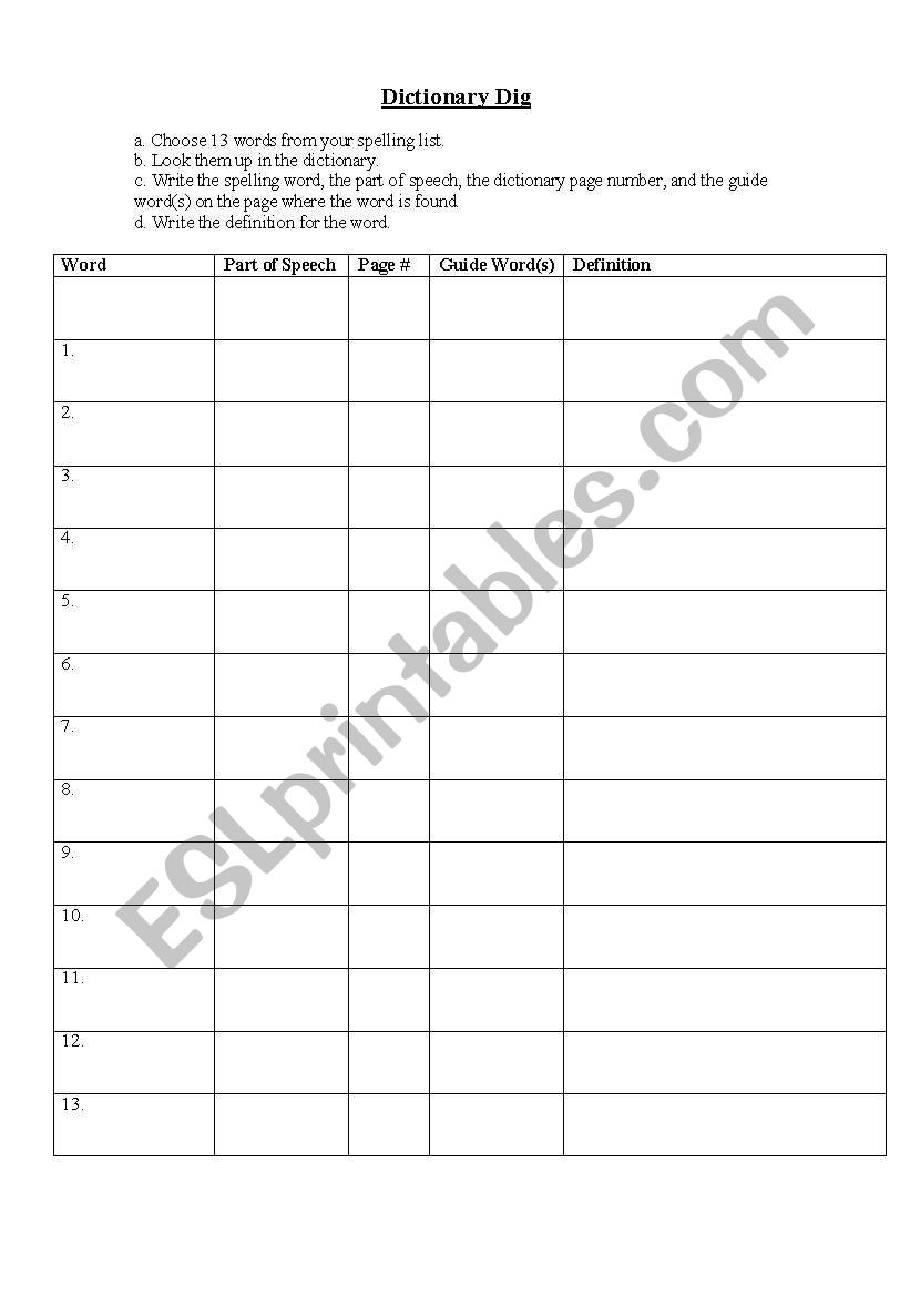 Dictionary Skills worksheet