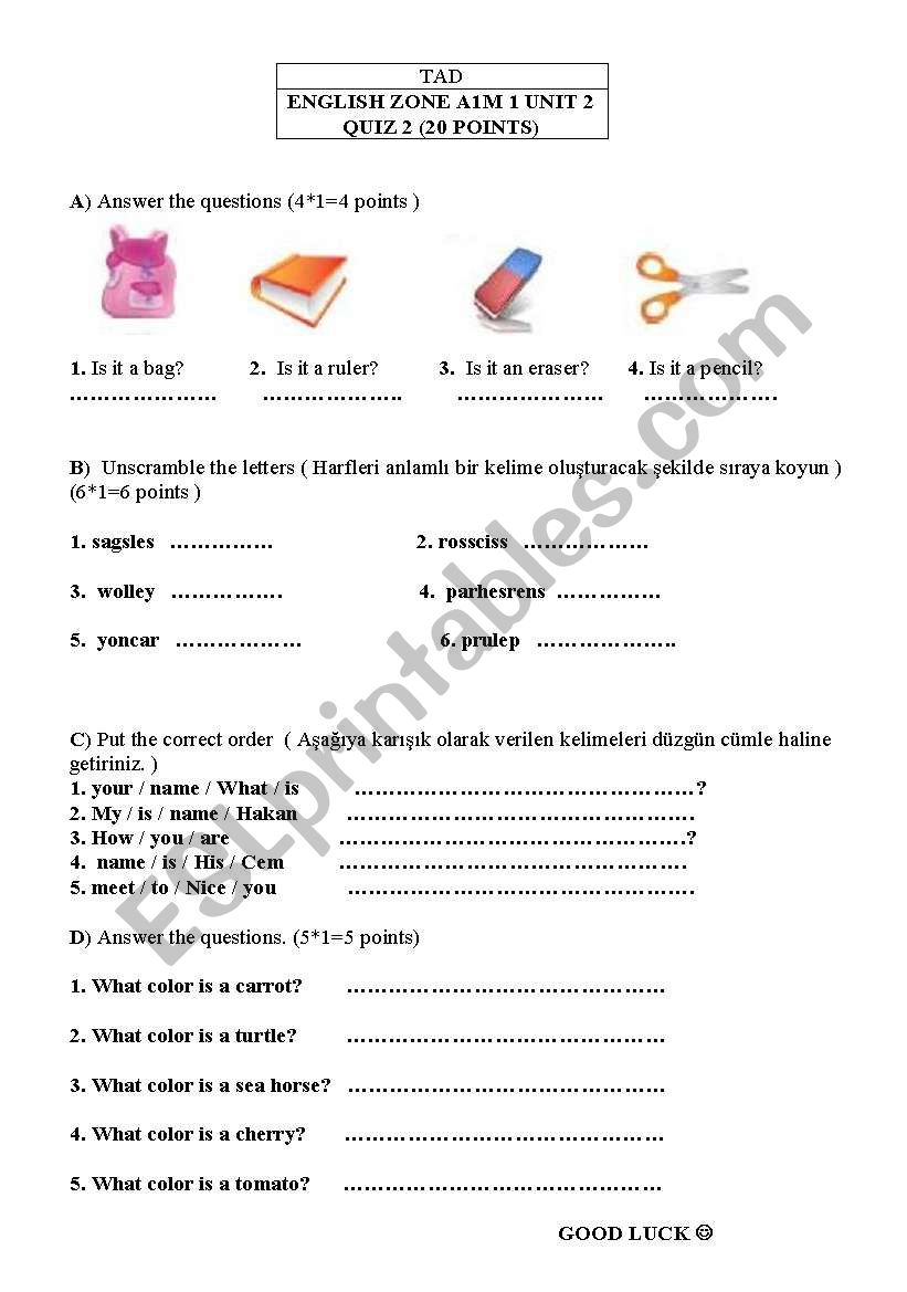 classroom object and colors worksheet