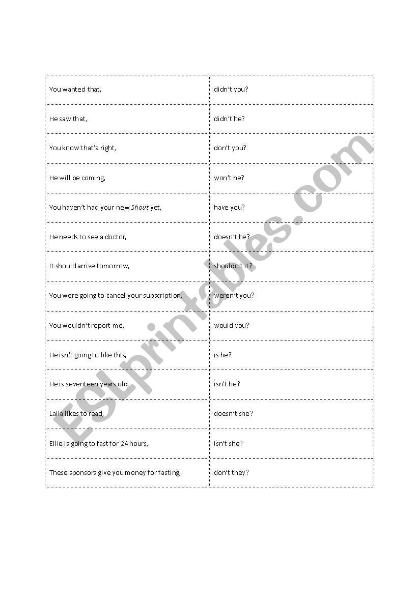 Question tag game worksheet