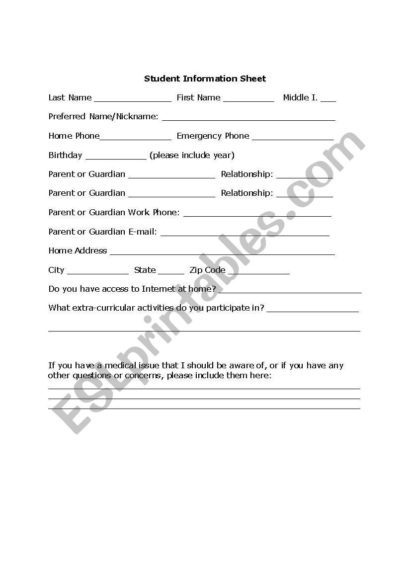 Student Information Sheet worksheet