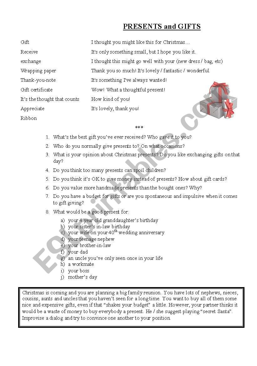 Presents and Gifts worksheet