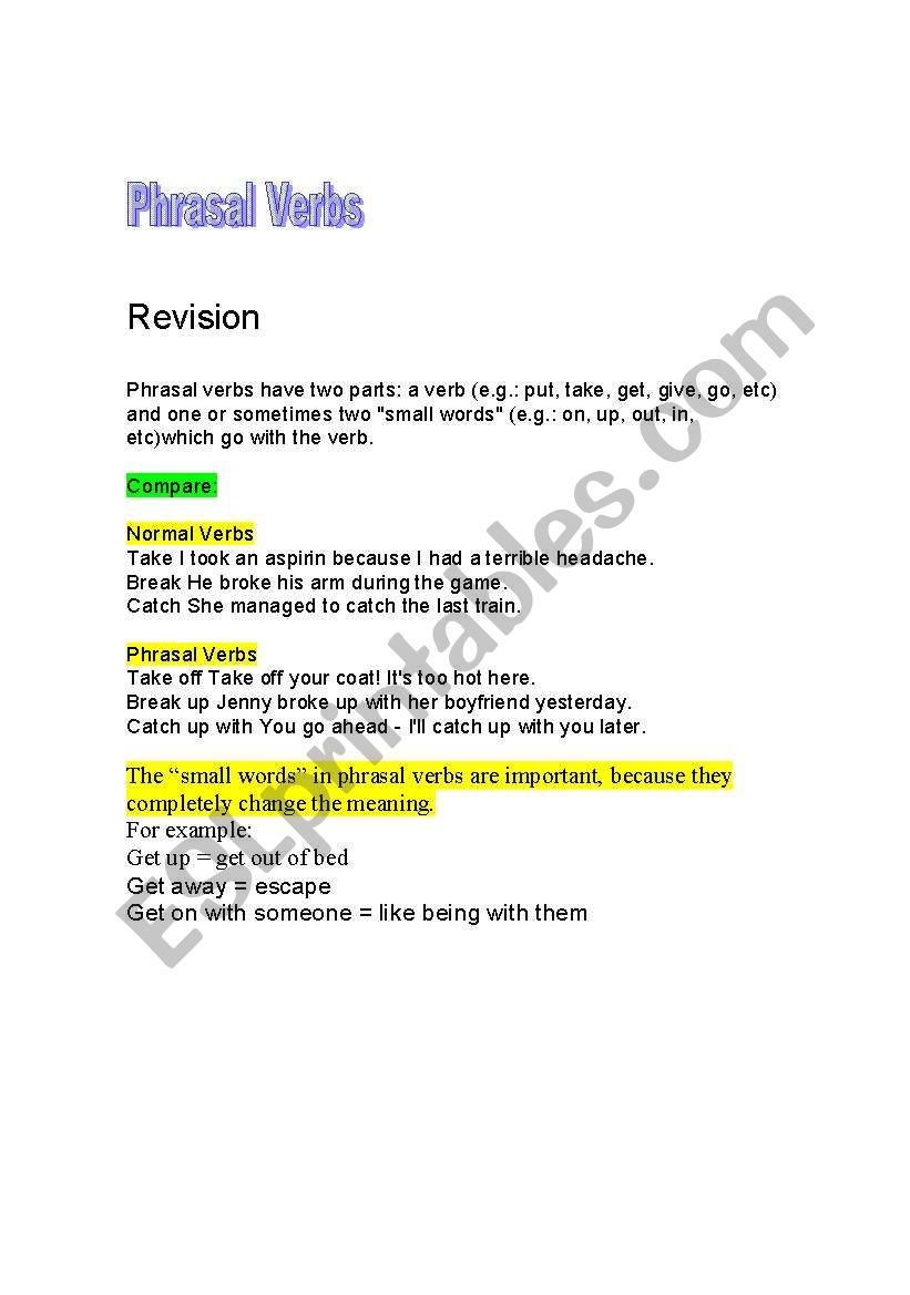 Phrasal Verbs  Revision worksheet