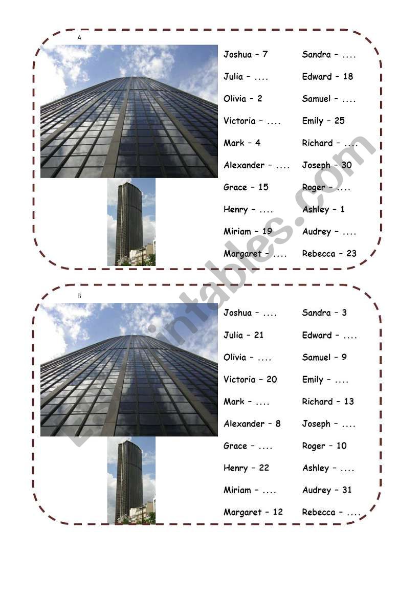 Ordinal numbers pairwork worksheet