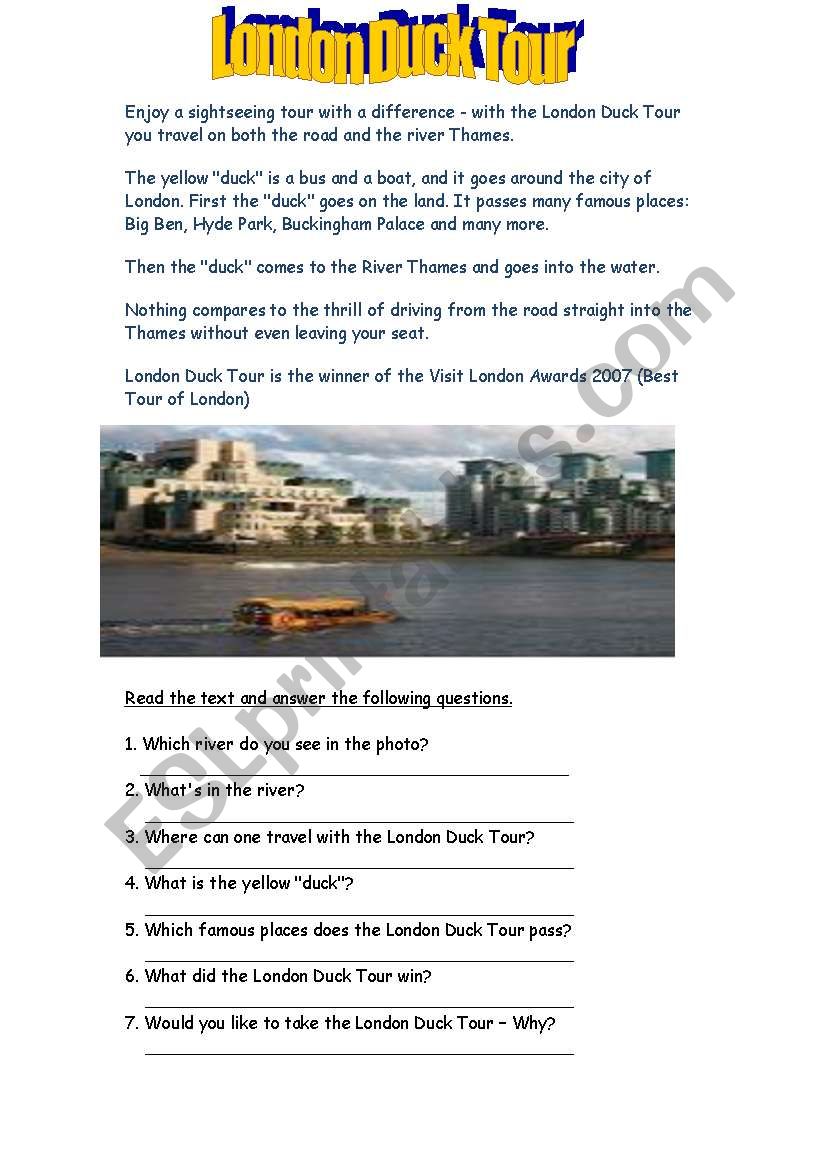 London Duck Tour worksheet